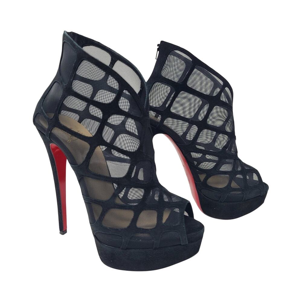Christian Louboutin Black Mesh Cutout Peep-Toe Booties with Red Soles